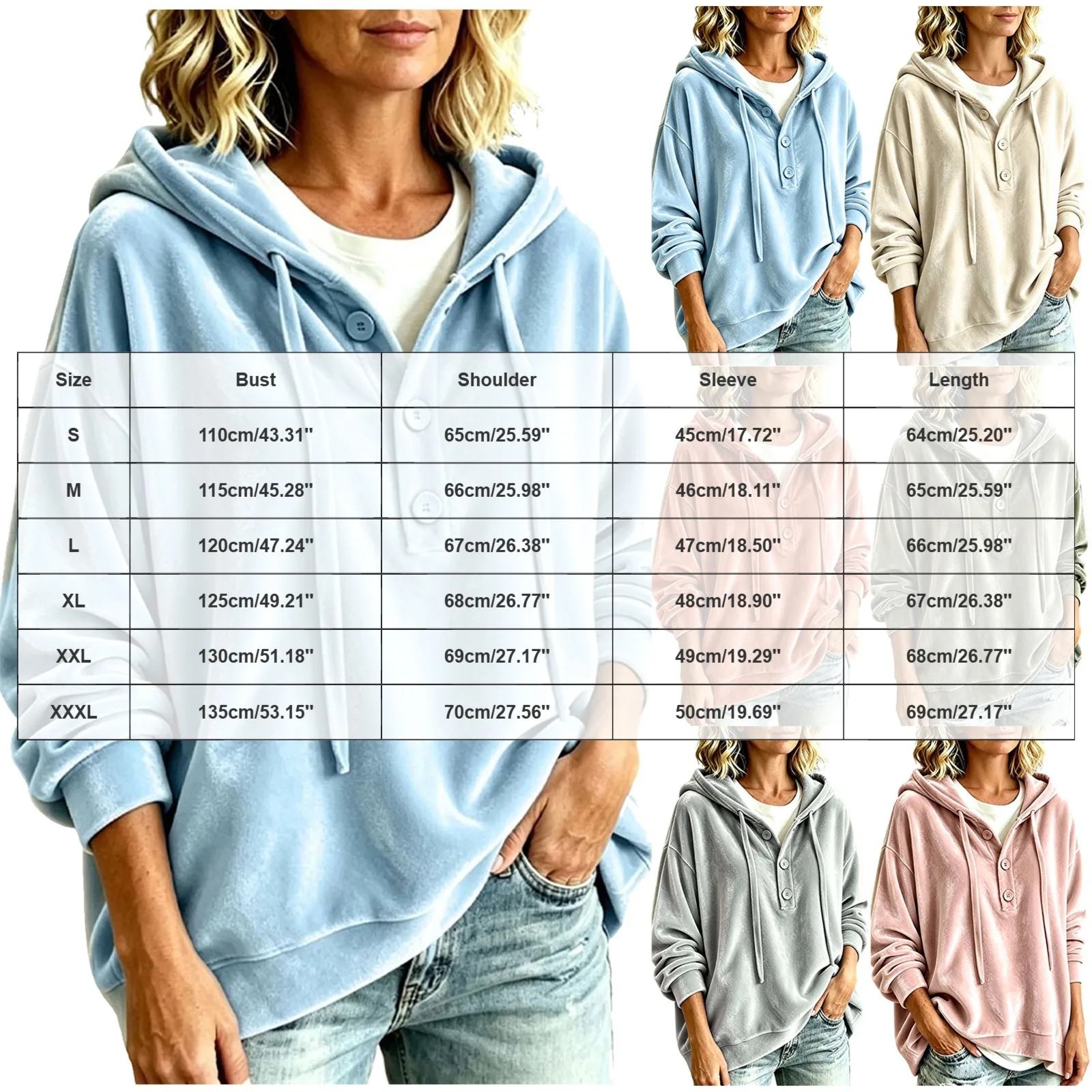 Oversized Velvet Hoodie For Women Button Up Long Sleeve Poncho Sweatshirts Half Button Placket Drawstring Hooded Pullover Tops