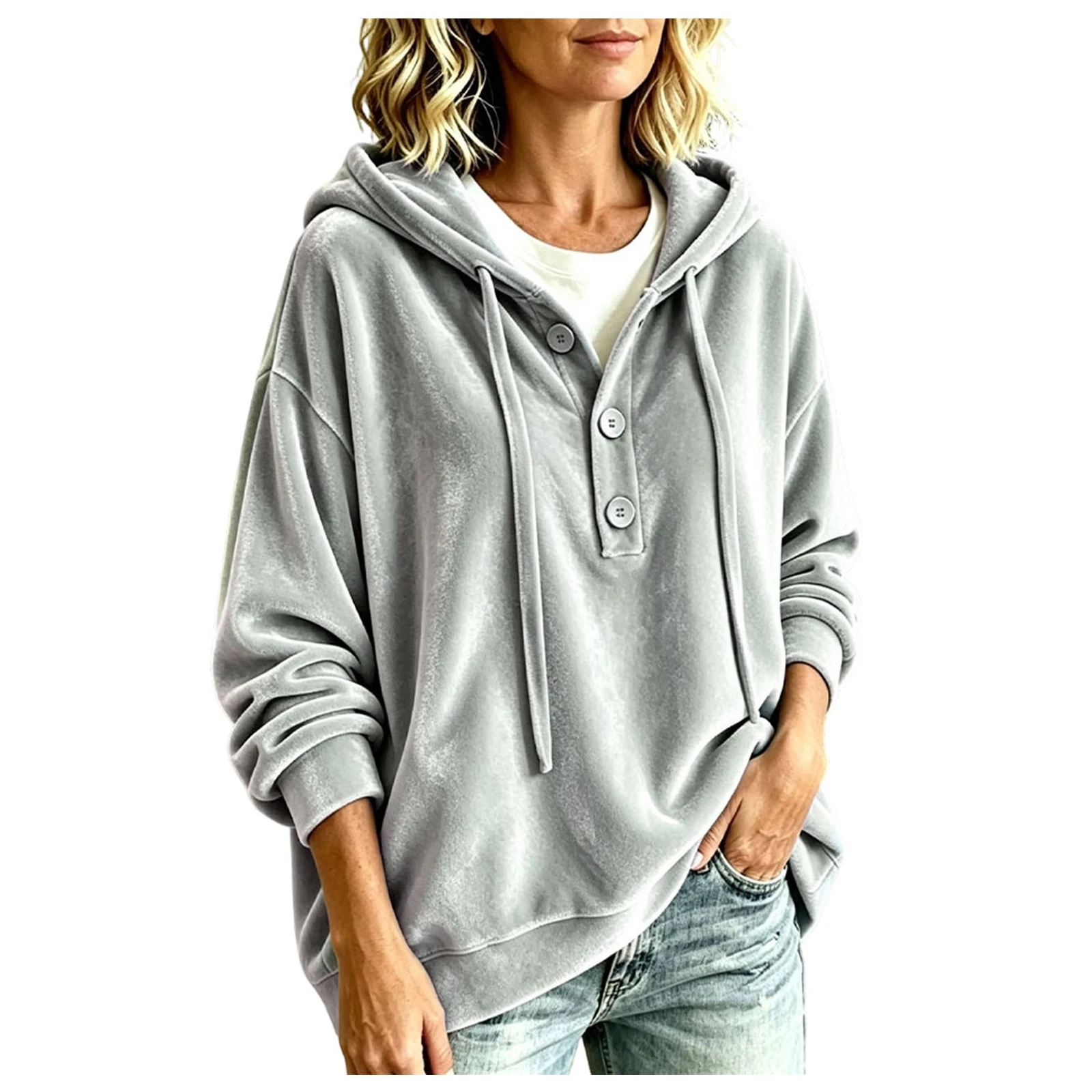 Oversized Velvet Hoodie For Women Button Up Long Sleeve Poncho Sweatshirts Half Button Placket Drawstring Hooded Pullover Tops