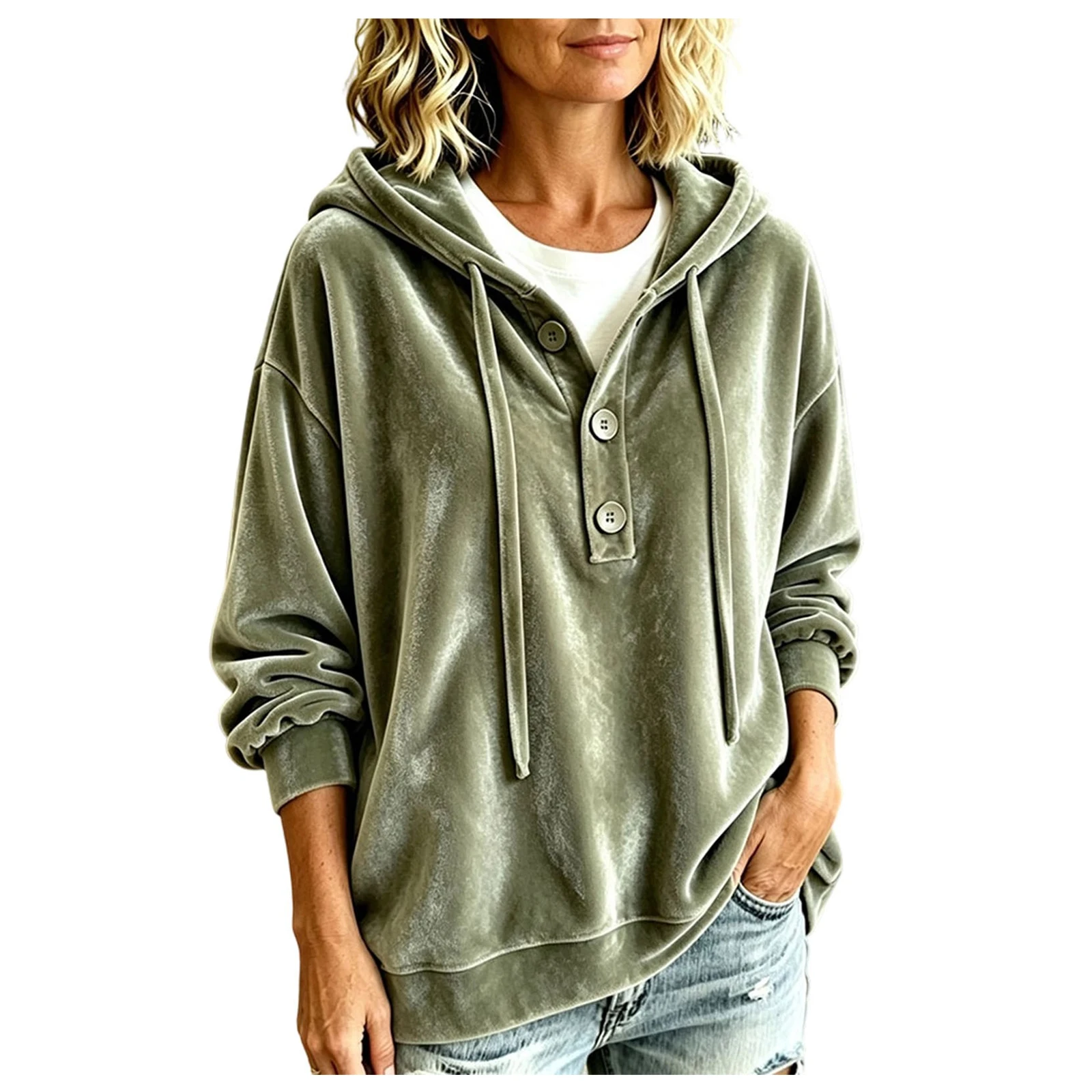 Oversized Velvet Hoodie For Women Button Up Long Sleeve Poncho Sweatshirts Half Button Placket Drawstring Hooded Pullover Tops