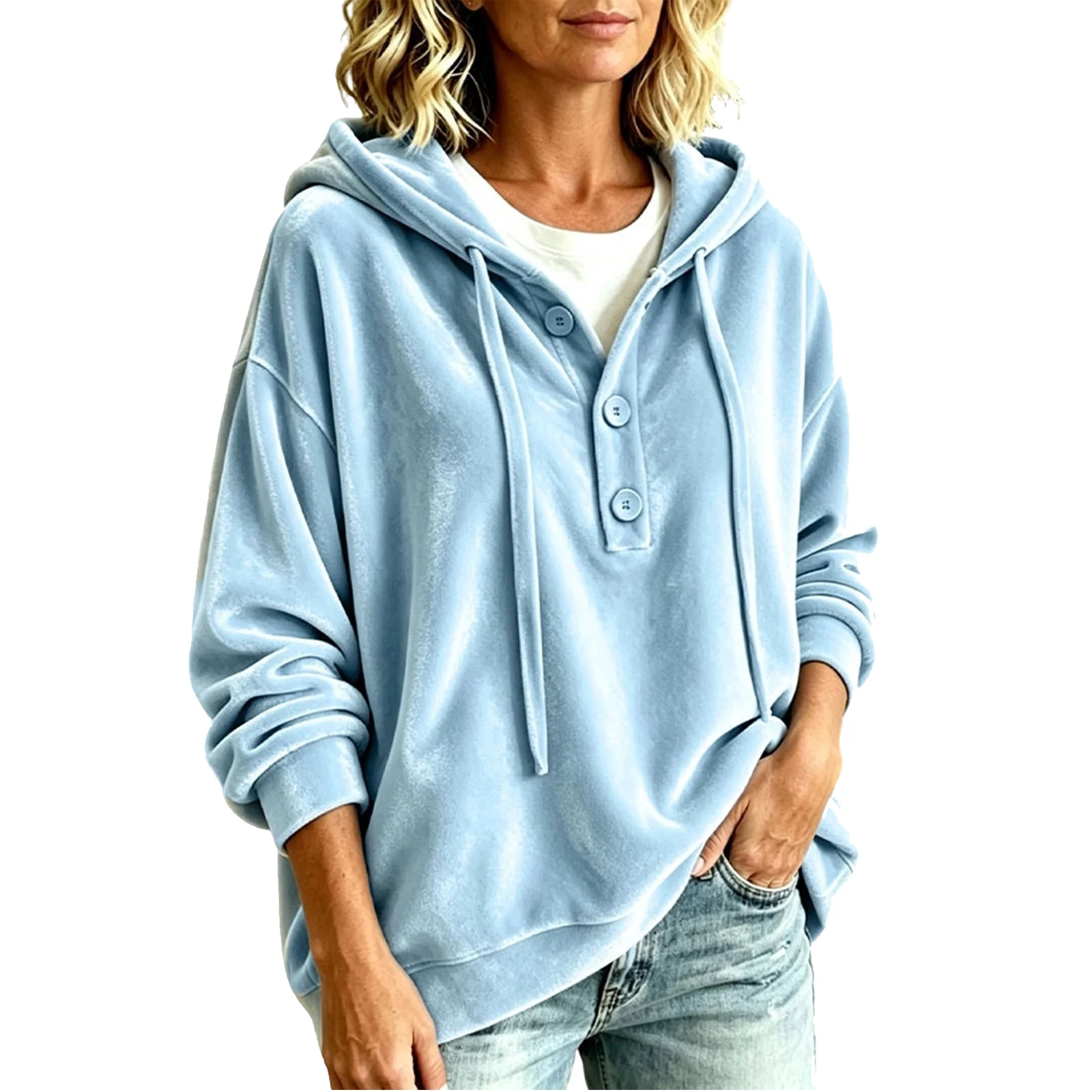 Oversized Velvet Hoodie For Women Button Up Long Sleeve Poncho Sweatshirts Half Button Placket Drawstring Hooded Pullover Tops