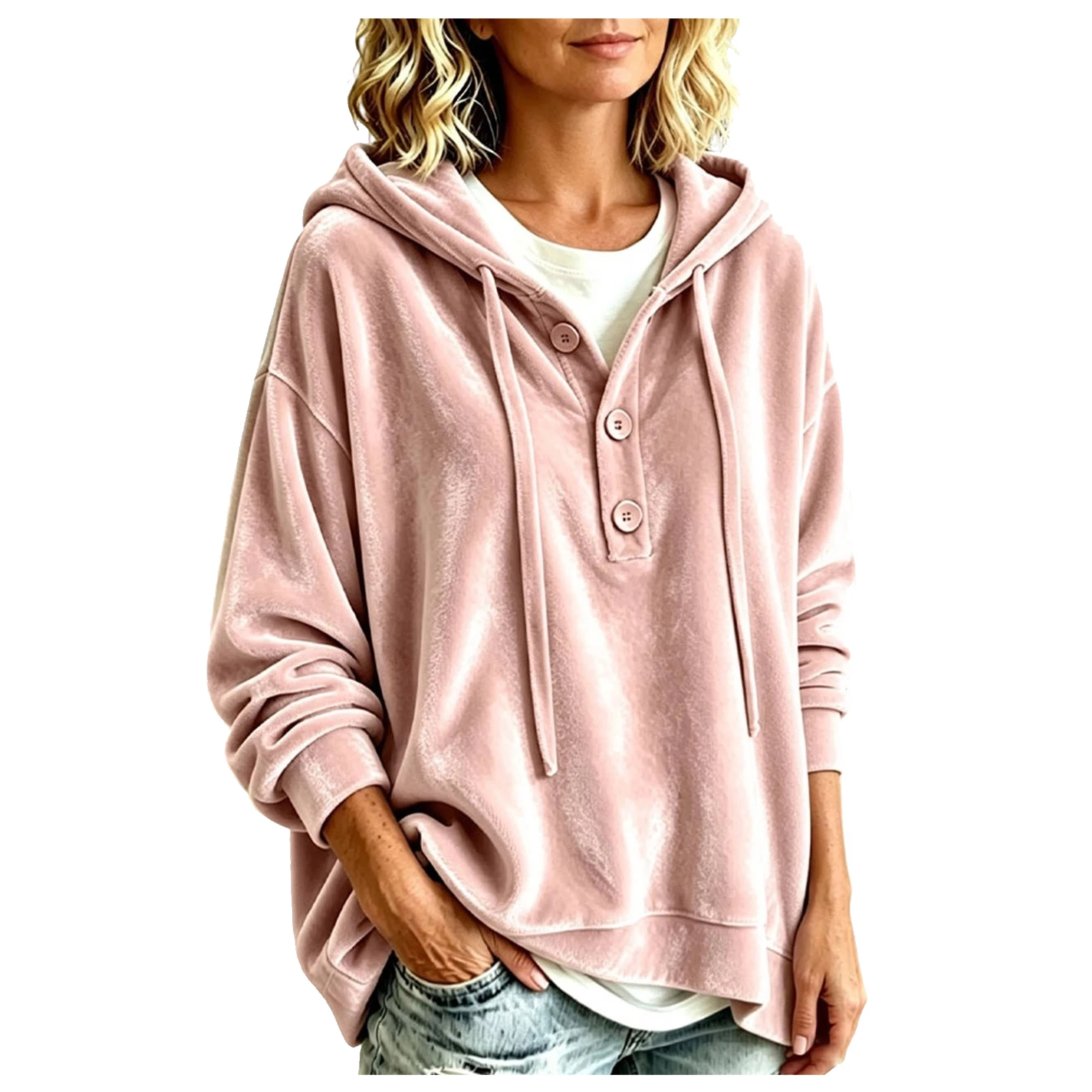 Oversized Velvet Hoodie For Women Button Up Long Sleeve Poncho Sweatshirts Half Button Placket Drawstring Hooded Pullover Tops
