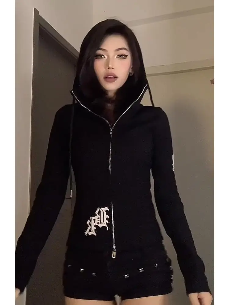 Aesthetic Vintage Letter Print Long Sleeve Cardigan Women's Design Hepburn Chic Slim Zipper Hoodie Autumn Thin Hooded Outfits