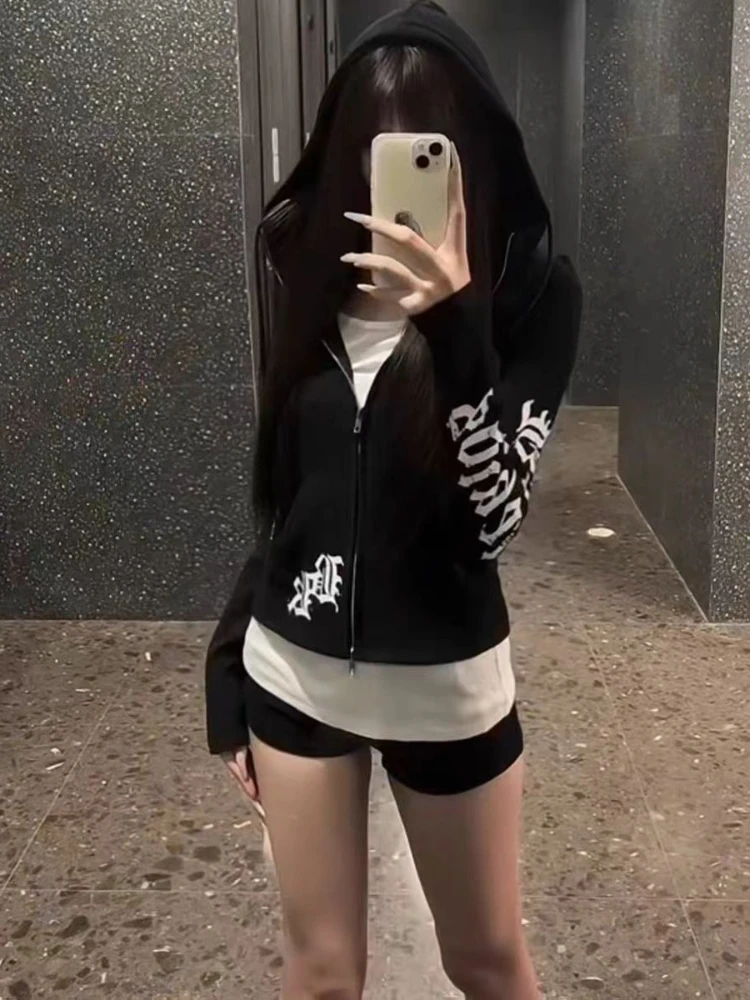 Aesthetic Vintage Letter Print Long Sleeve Cardigan Women's Design Hepburn Chic Slim Zipper Hoodie Autumn Thin Hooded Outfits