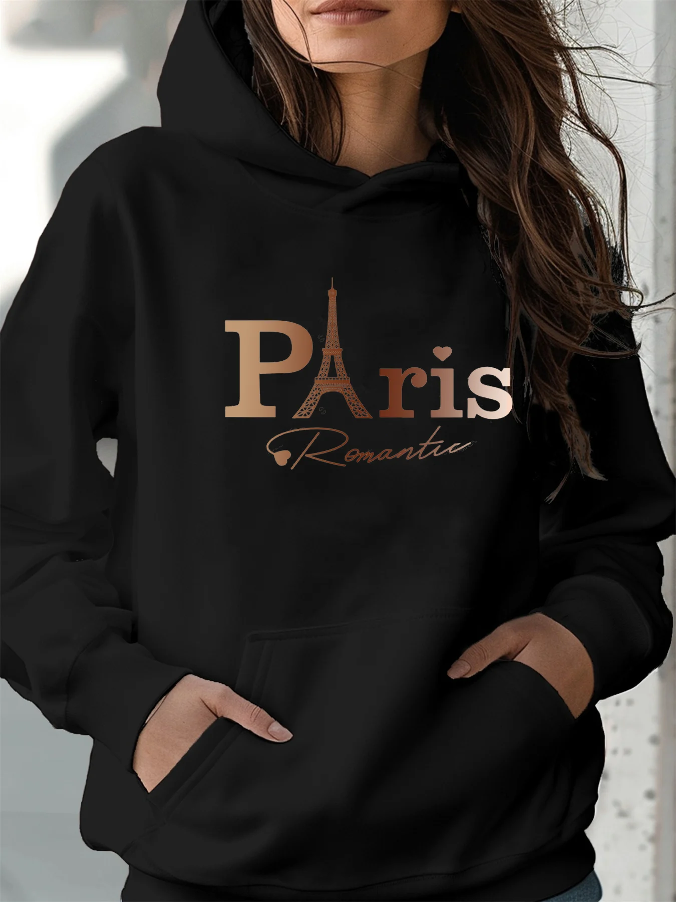 Women's Autumn and Winter Warm and Loose Casual Paris Pattern Printed Suede Long-Sleeved Hooded Sweatshirt