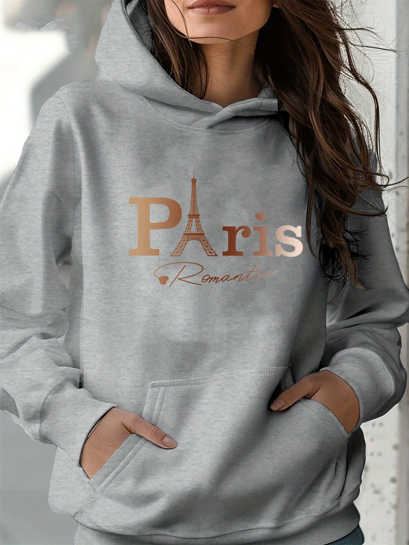 Women's Autumn and Winter Warm and Loose Casual Paris Pattern Printed Suede Long-Sleeved Hooded Sweatshirt