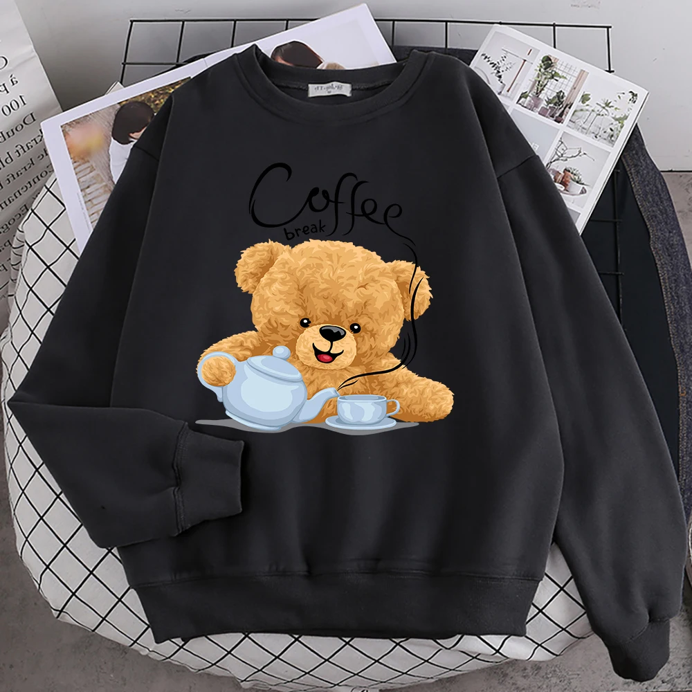 Street Casual Womens Sweatshirt Coffee Break Teddy Bear Making Coffee Print Hoodies Loose Soft Pullovers Crewneck Fleece Clothes