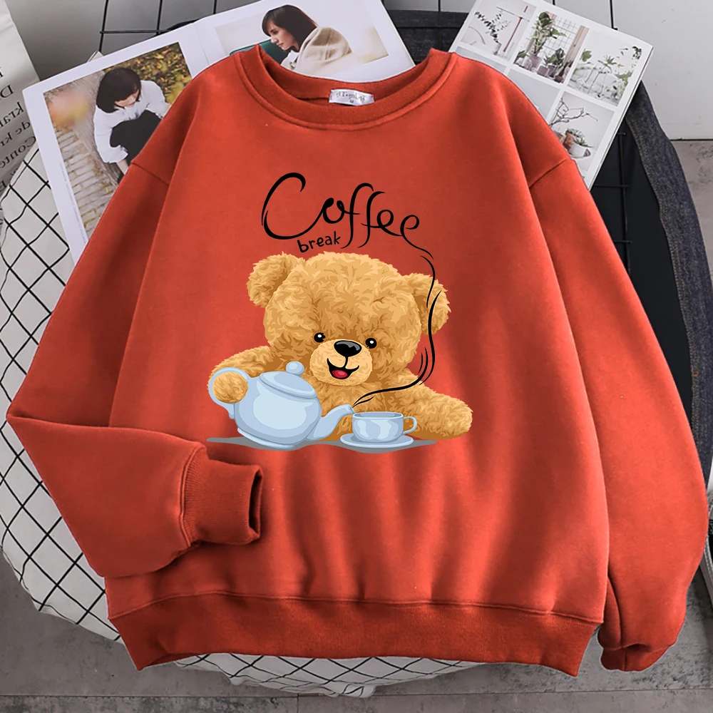 Street Casual Womens Sweatshirt Coffee Break Teddy Bear Making Coffee Print Hoodies Loose Soft Pullovers Crewneck Fleece Clothes