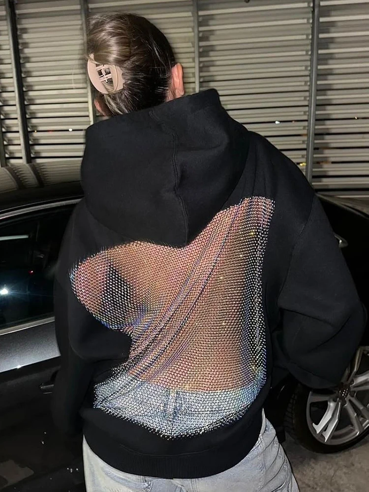 Weird Puss Harajuku Hooded Sweatshirt Women Autumn Trend Backless Glitter Mesh Patchwork Casual Streetwear Hipster Pulloverr