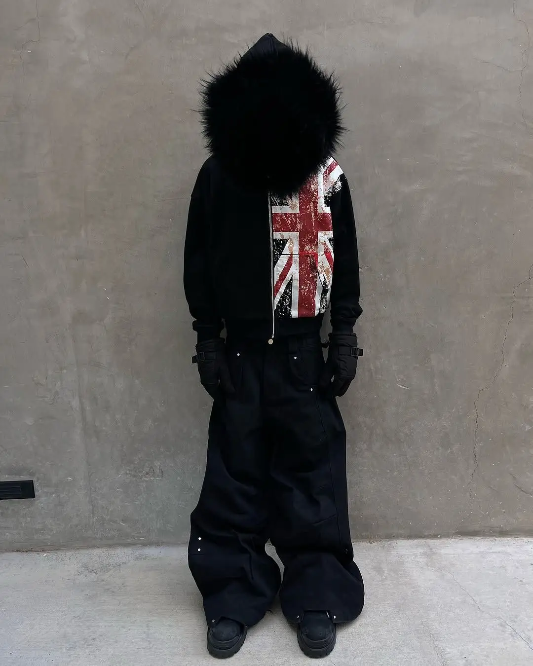 Deeptown Y2k Black Fur Collar Women Man Zipper Hoodies Flag Print Harajuku American Vintage Sweatshirts Baggy Casual Streetwear