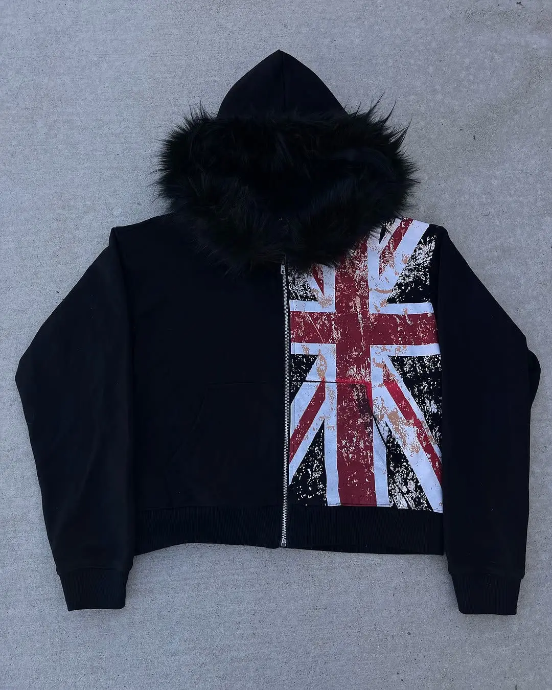 Deeptown Y2k Black Fur Collar Women Man Zipper Hoodies Flag Print Harajuku American Vintage Sweatshirts Baggy Casual Streetwear