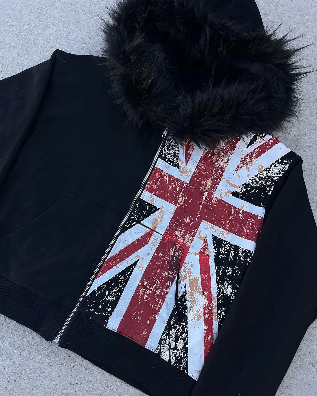 Deeptown Y2k Black Fur Collar Women Man Zipper Hoodies Flag Print Harajuku American Vintage Sweatshirts Baggy Casual Streetwear