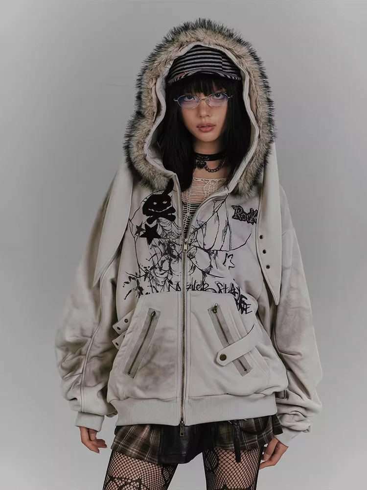REDDACHiC Kawaii Bunny Ear Hoodies Jacket Women Thick Fleece Lined Zip Up Fuzzy Hooded Graphic Top Grunge Y2k Aesthetic Clothes