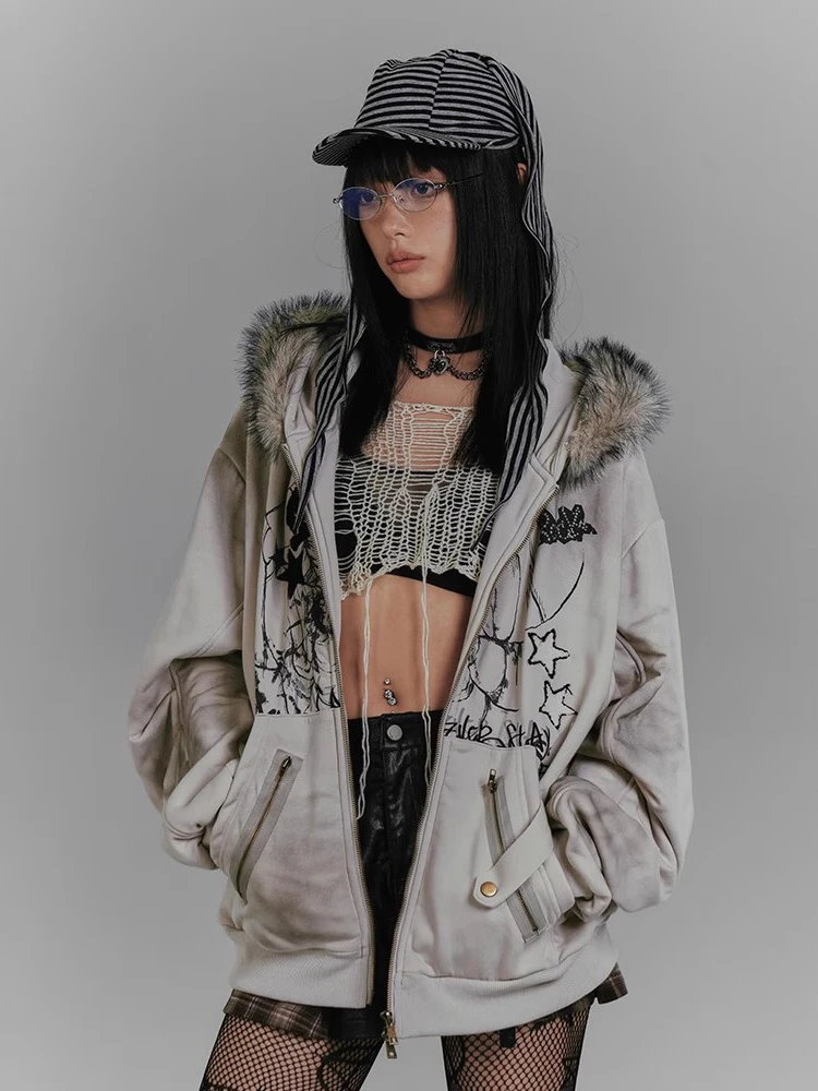 REDDACHiC Kawaii Bunny Ear Hoodies Jacket Women Thick Fleece Lined Zip Up Fuzzy Hooded Graphic Top Grunge Y2k Aesthetic Clothes