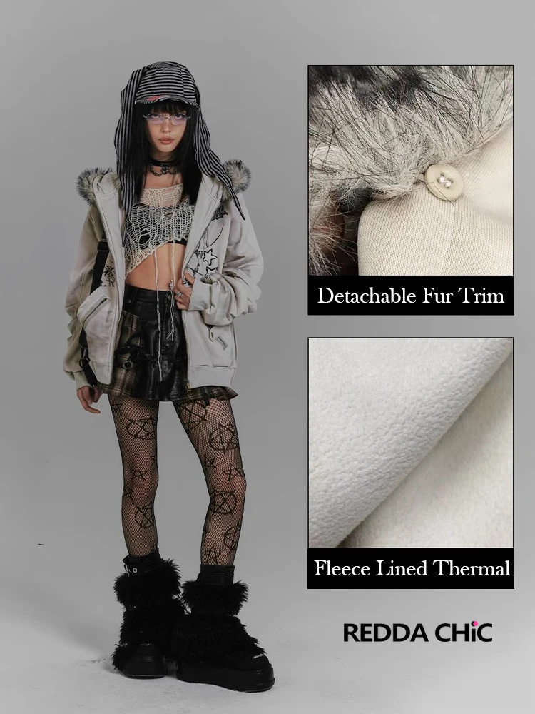 REDDACHiC Kawaii Bunny Ear Hoodies Jacket Women Thick Fleece Lined Zip Up Fuzzy Hooded Graphic Top Grunge Y2k Aesthetic Clothes