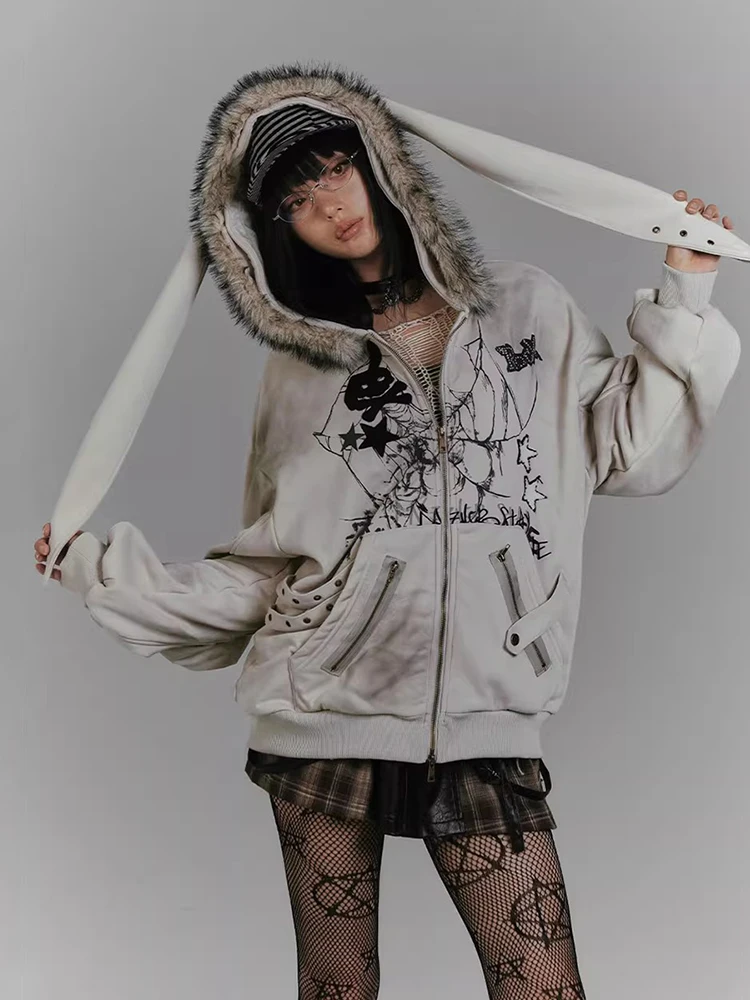REDDACHiC Kawaii Bunny Ear Hoodies Jacket Women Thick Fleece Lined Zip Up Fuzzy Hooded Graphic Top Grunge Y2k Aesthetic Clothes