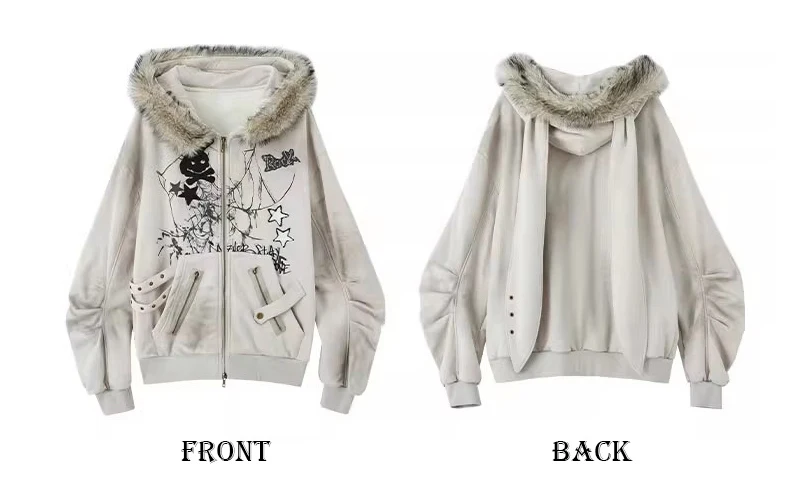 REDDACHiC Kawaii Bunny Ear Hoodies Jacket Women Thick Fleece Lined Zip Up Fuzzy Hooded Graphic Top Grunge Y2k Aesthetic Clothes