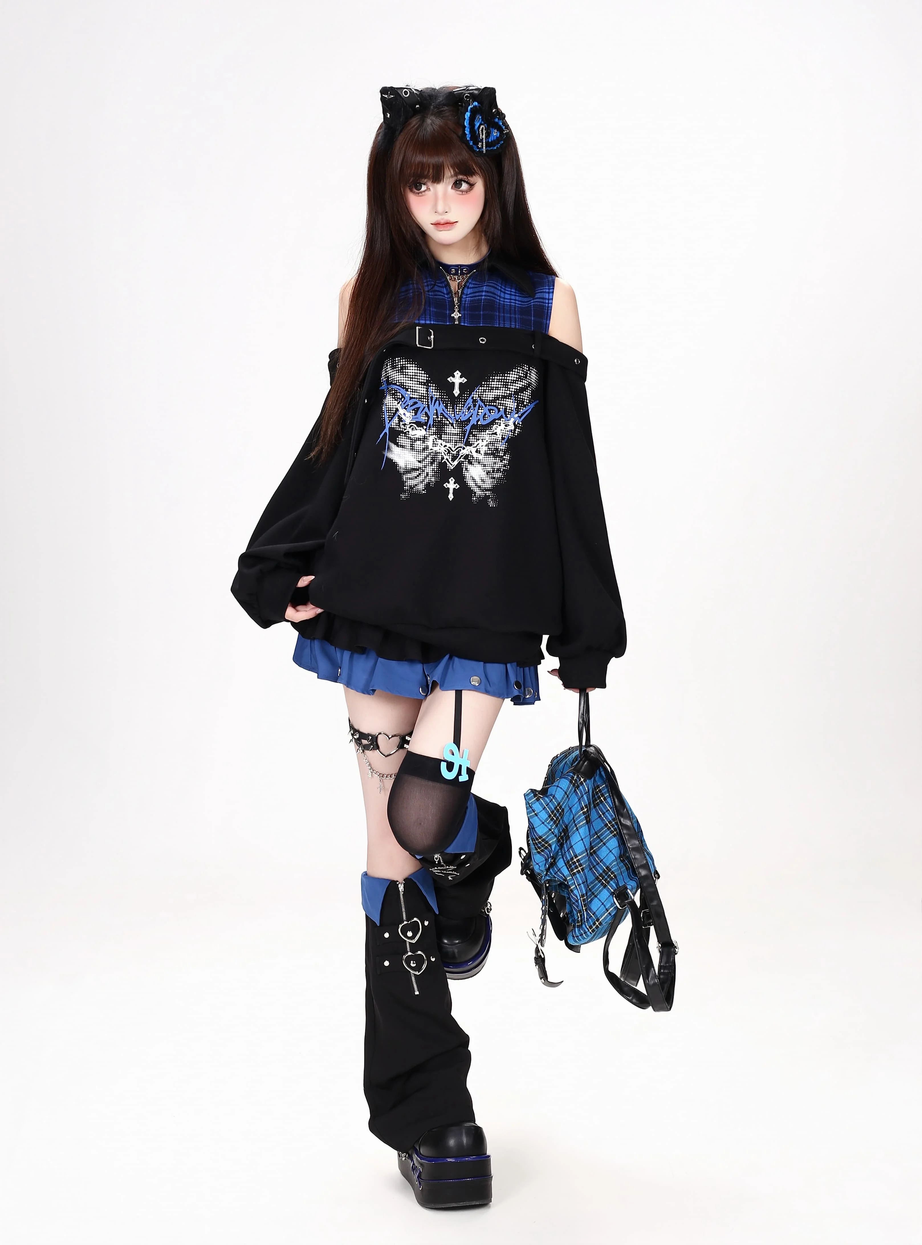 Original Subculture Sweet Cool Off-shoulder Long-sleeve Butterfly Print Plaid Patchwork Loose Sweatshirt for Women Autumn 2026