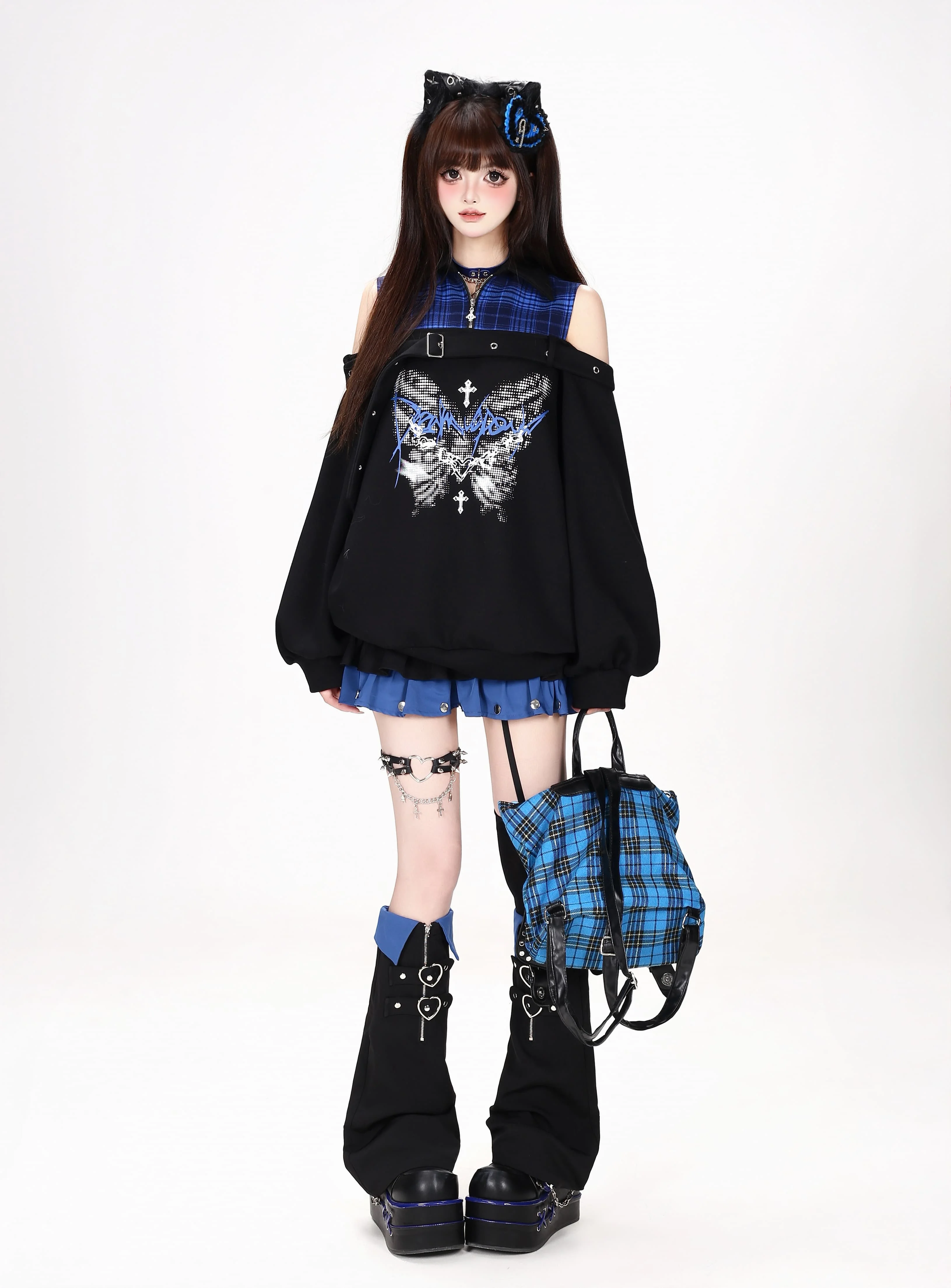 Original Subculture Sweet Cool Off-shoulder Long-sleeve Butterfly Print Plaid Patchwork Loose Sweatshirt for Women Autumn 2026