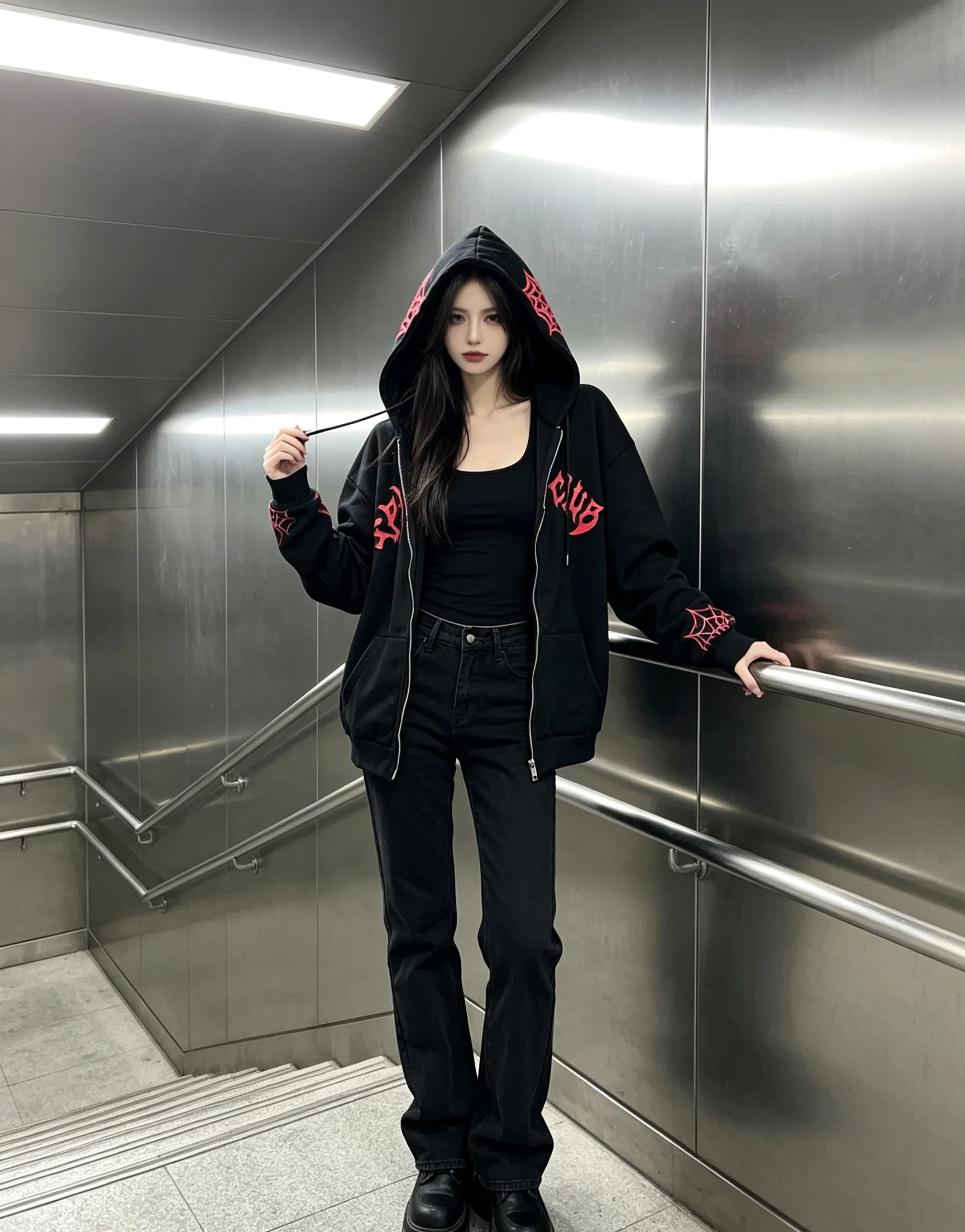 Alt Aesthetic Spider Web Graphic Hoodie Unisex Baggy Fit Long Sleeve Punk Streetwear Pullover Sweatshirt