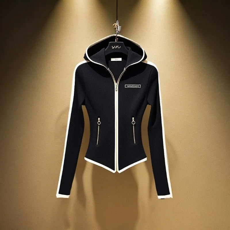 2025 Black New Fashion Early Spring Hoodie Beautiful Age-Reducing Coat Chic Stitching Hooded Sweater
