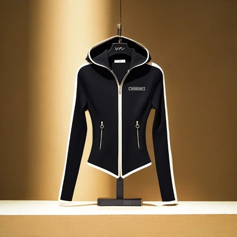 2025 Black New Fashion Early Spring Hoodie Beautiful Age-Reducing Coat Chic Stitching Hooded Sweater