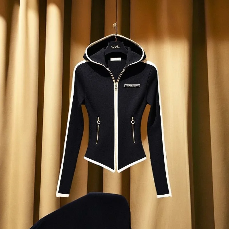 2025 Black New Fashion Early Spring Hoodie Beautiful Age-Reducing Coat Chic Stitching Hooded Sweater