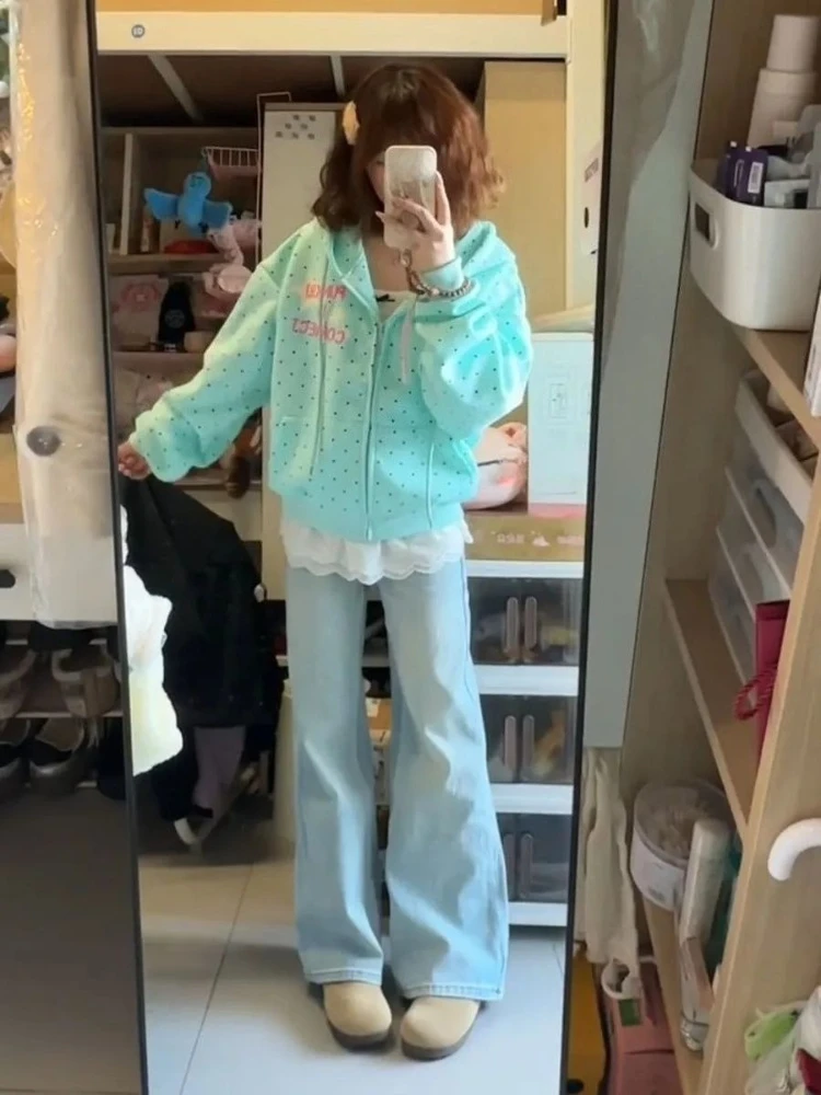 New Spring Fashion Letter Print Hooded Women 2000s American Vintage Polka Dot Sweatshirts Y2k Sweet Loose Casual Jacket 2026 New