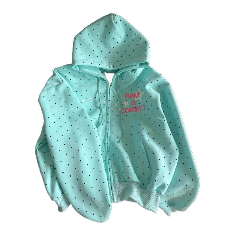 New Spring Fashion Letter Print Hooded Women 2000s American Vintage Polka Dot Sweatshirts Y2k Sweet Loose Casual Jacket 2026 New