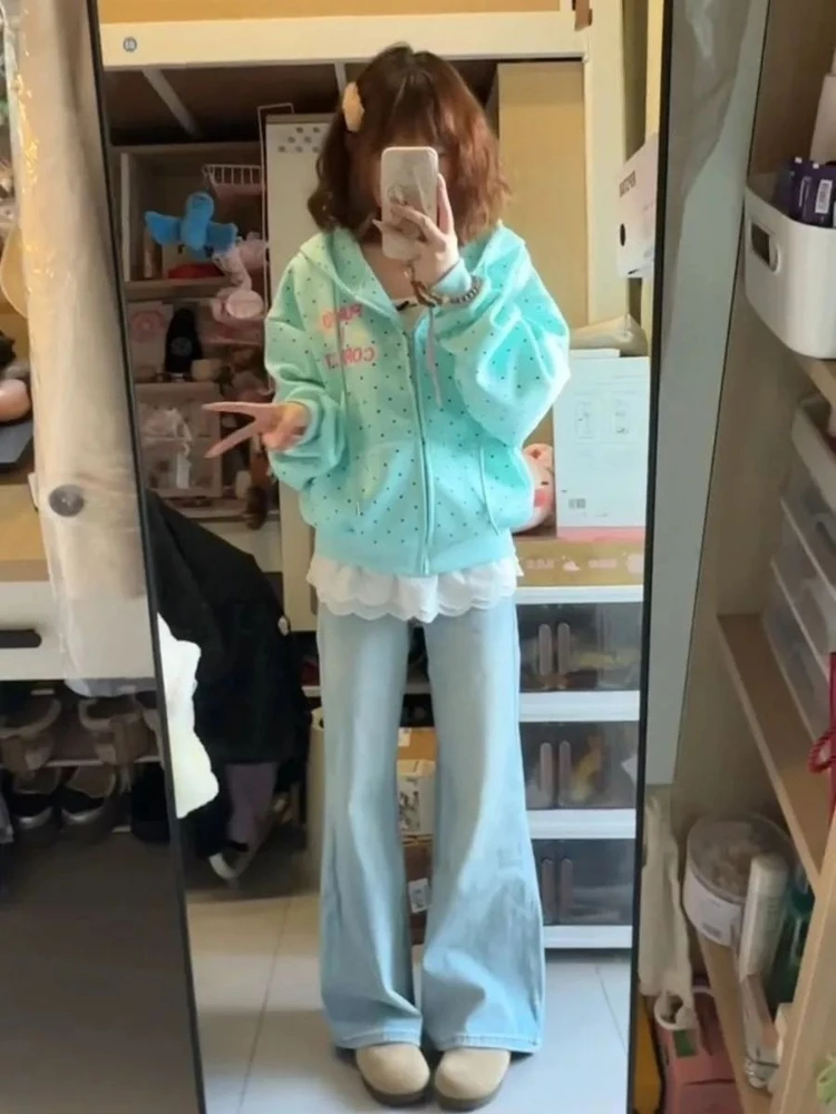 New Spring Fashion Letter Print Hooded Women 2000s American Vintage Polka Dot Sweatshirts Y2k Sweet Loose Casual Jacket 2026 New