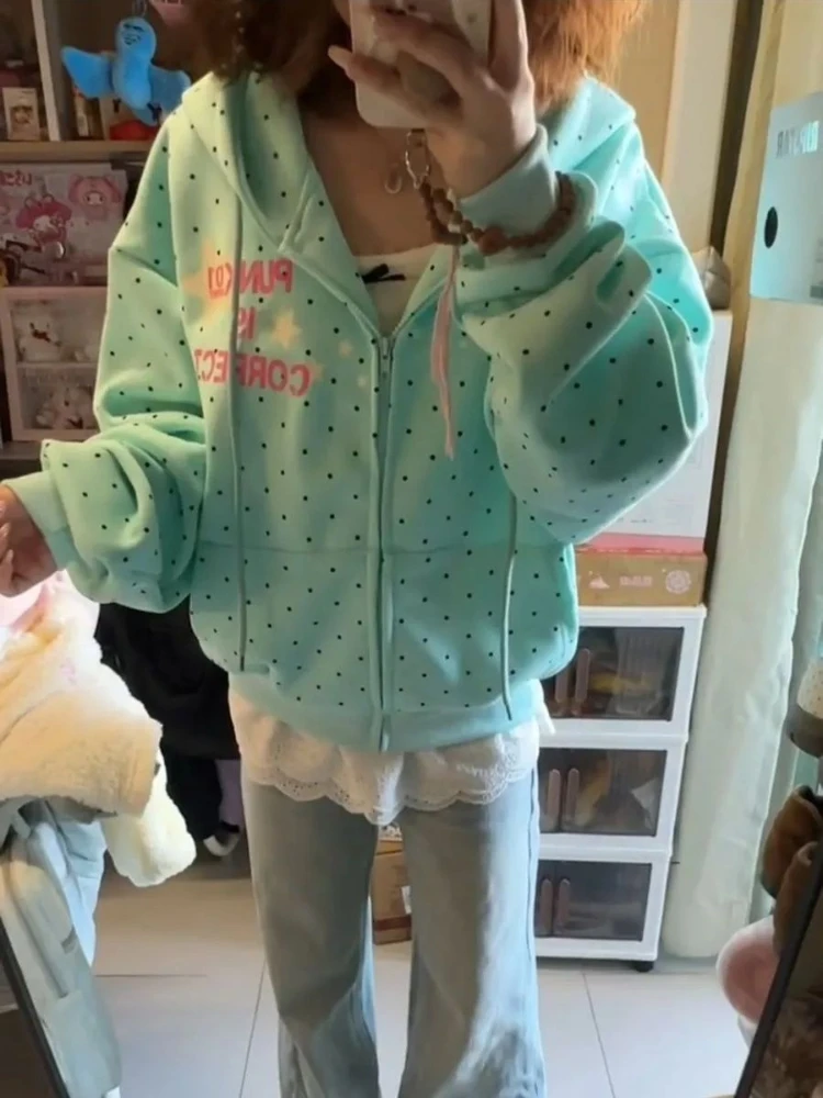 New Spring Fashion Letter Print Hooded Women 2000s American Vintage Polka Dot Sweatshirts Y2k Sweet Loose Casual Jacket 2026 New