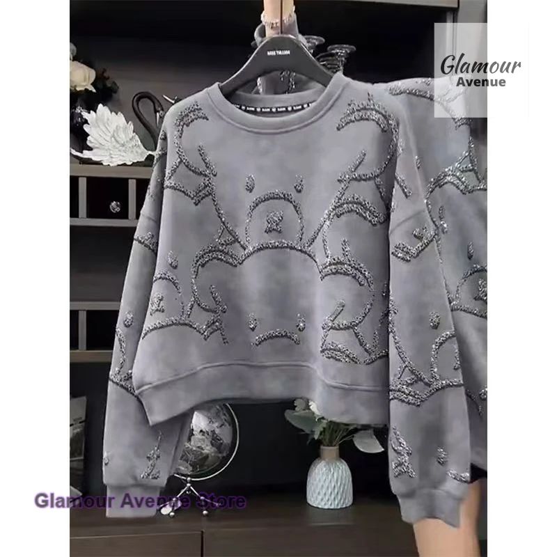 French style round neck heavy industry sequined long-sleeved sweater female autumn new fashion casual cute bear slim loose top.
