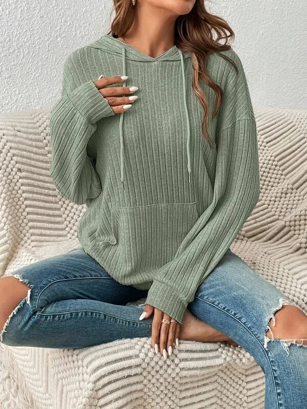 Women's Winter Clothing Women's Hoodie with Drop Shoulder Loose Fit Brushed Cotton Long Sleeve Striped Kangaroo Pocket Woman