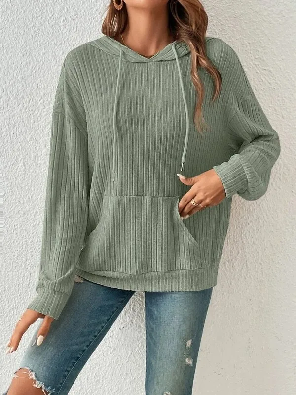 Women's Winter Clothing Women's Hoodie with Drop Shoulder Loose Fit Brushed Cotton Long Sleeve Striped Kangaroo Pocket Woman