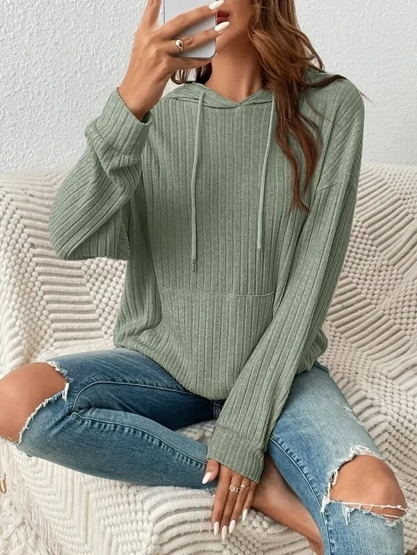 Women's Winter Clothing Women's Hoodie with Drop Shoulder Loose Fit Brushed Cotton Long Sleeve Striped Kangaroo Pocket Woman