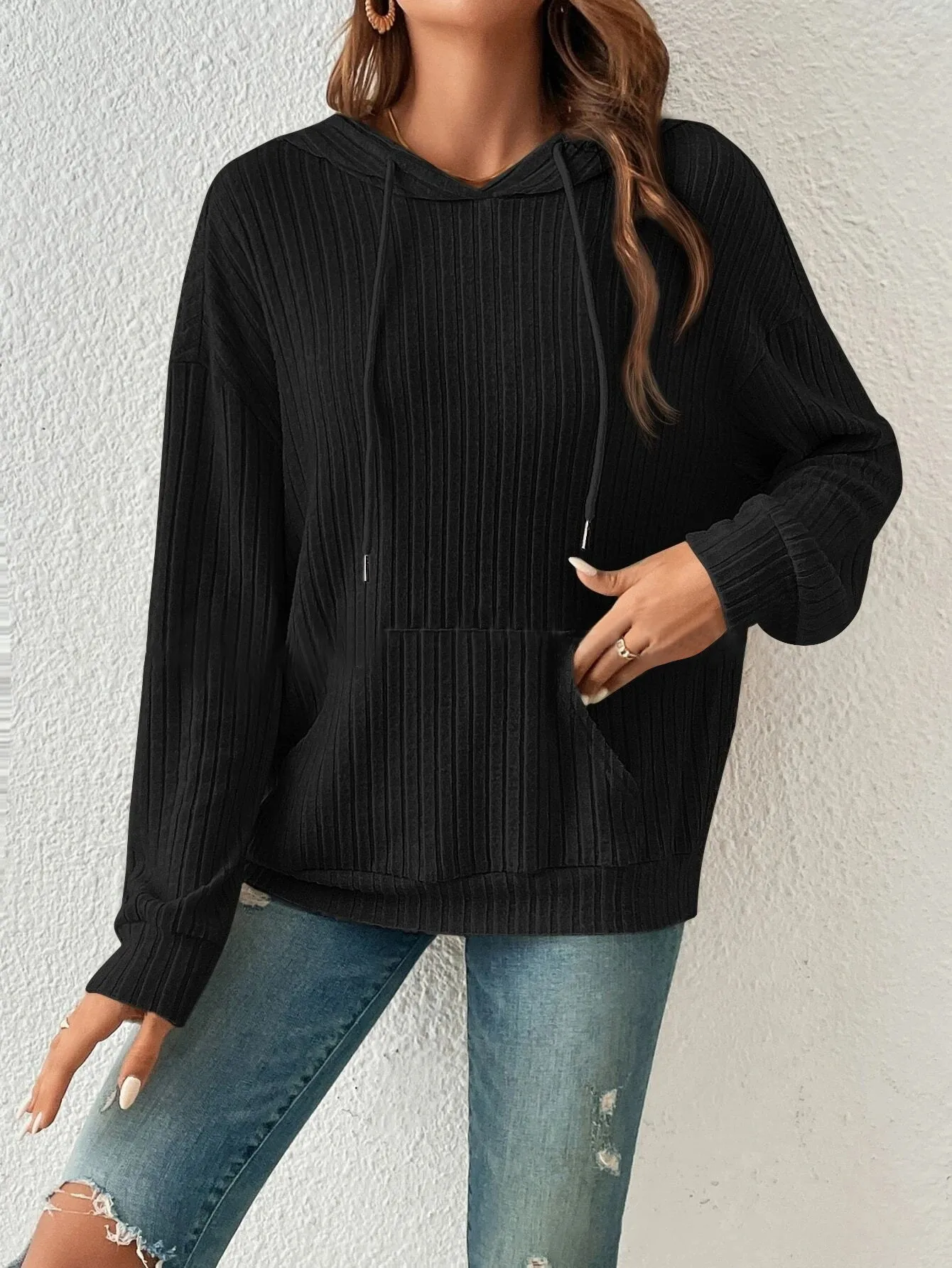 Women's Winter Clothing Women's Hoodie with Drop Shoulder Loose Fit Brushed Cotton Long Sleeve Striped Kangaroo Pocket Woman