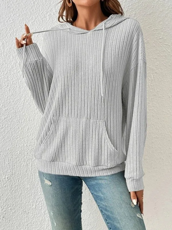 Women's Winter Clothing Women's Hoodie with Drop Shoulder Loose Fit Brushed Cotton Long Sleeve Striped Kangaroo Pocket Woman