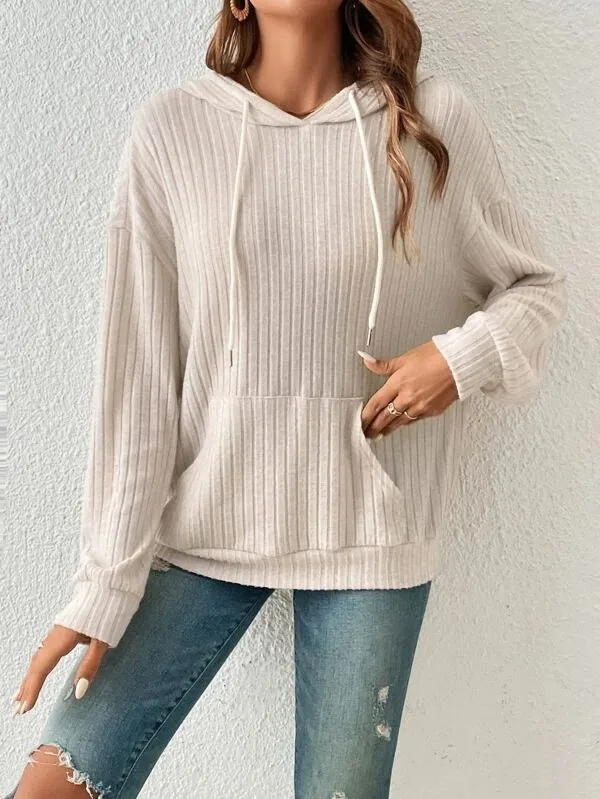 Women's Winter Clothing Women's Hoodie with Drop Shoulder Loose Fit Brushed Cotton Long Sleeve Striped Kangaroo Pocket Woman