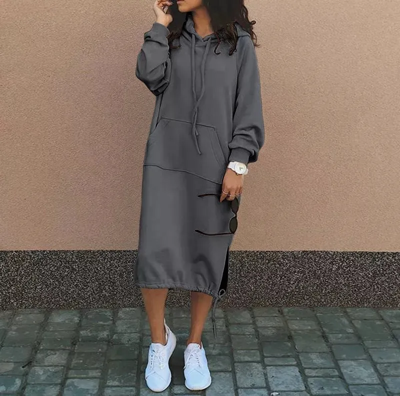 Hooded Pocket Loose Fit Commute Style Hoodie with Long Sleeve Long Length Regular Thickness Pullover Winter Women Hoodie