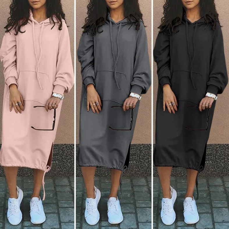 Hooded Pocket Loose Fit Commute Style Hoodie with Long Sleeve Long Length Regular Thickness Pullover Winter Women Hoodie