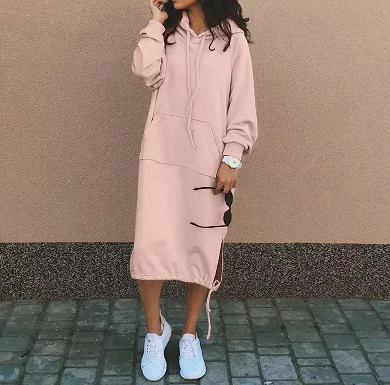 Hooded Pocket Loose Fit Commute Style Hoodie with Long Sleeve Long Length Regular Thickness Pullover Winter Women Hoodie