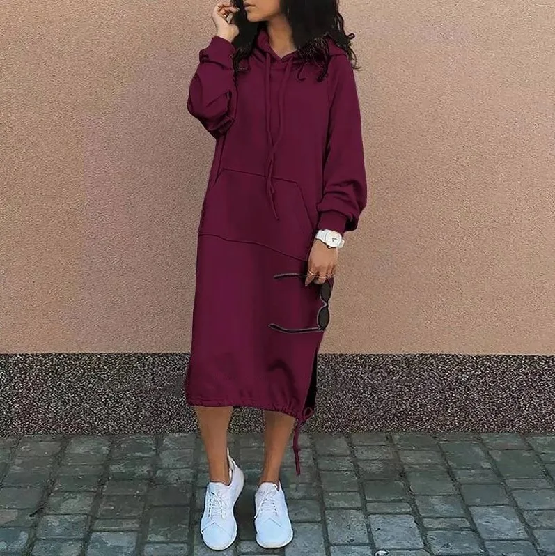 Hooded Pocket Loose Fit Commute Style Hoodie with Long Sleeve Long Length Regular Thickness Pullover Winter Women Hoodie