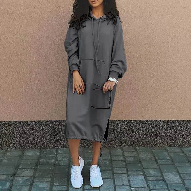 Hooded Pocket Loose Fit Commute Style Hoodie with Long Sleeve Long Length Regular Thickness Pullover Winter Women Hoodie