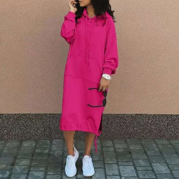Hooded Pocket Loose Fit Commute Style Hoodie with Long Sleeve Long Length Regular Thickness Pullover Winter Women Hoodie