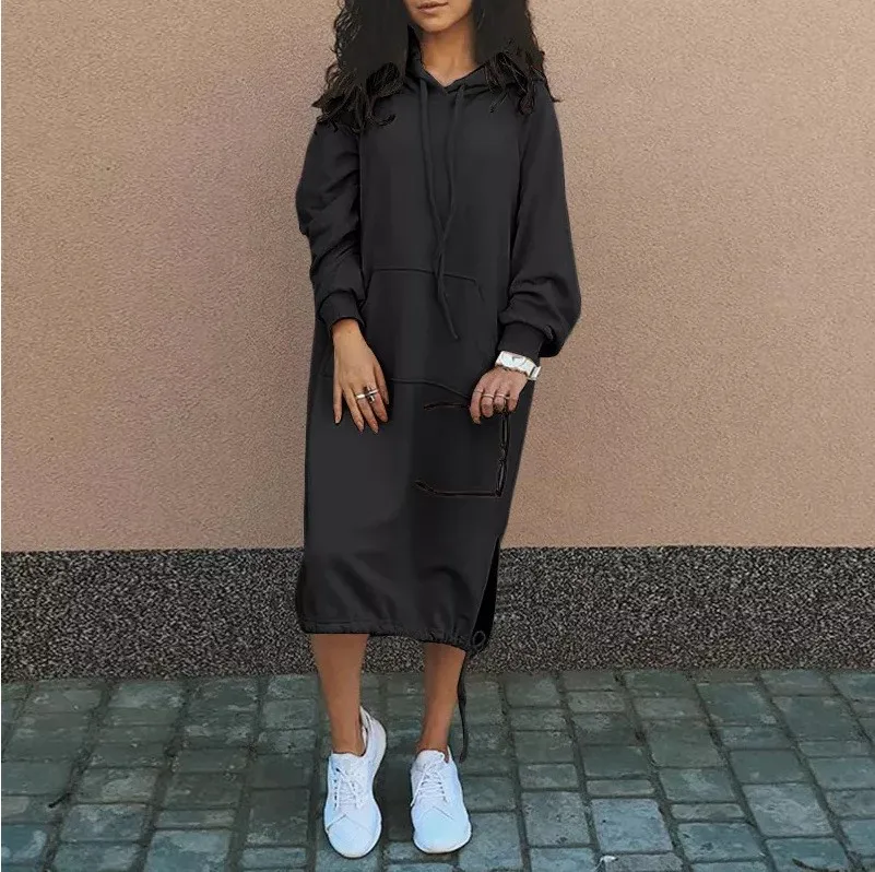 Hooded Pocket Loose Fit Commute Style Hoodie with Long Sleeve Long Length Regular Thickness Pullover Winter Women Hoodie