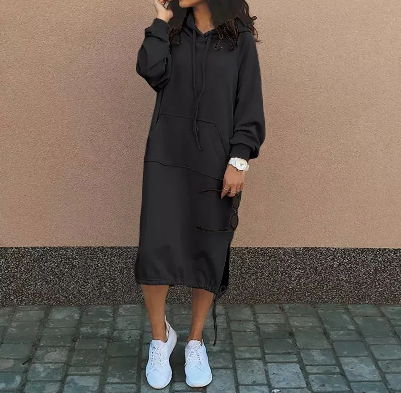 Hooded Pocket Loose Fit Commute Style Hoodie with Long Sleeve Long Length Regular Thickness Pullover Winter Women Hoodie