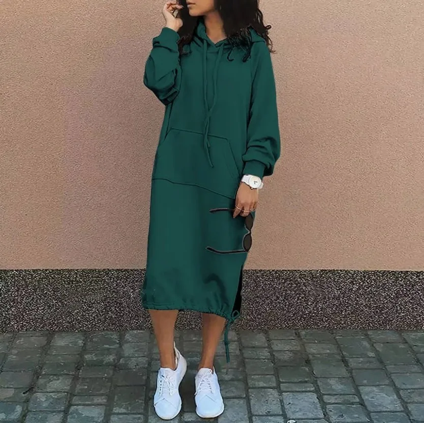 Hooded Pocket Loose Fit Commute Style Hoodie with Long Sleeve Long Length Regular Thickness Pullover Winter Women Hoodie
