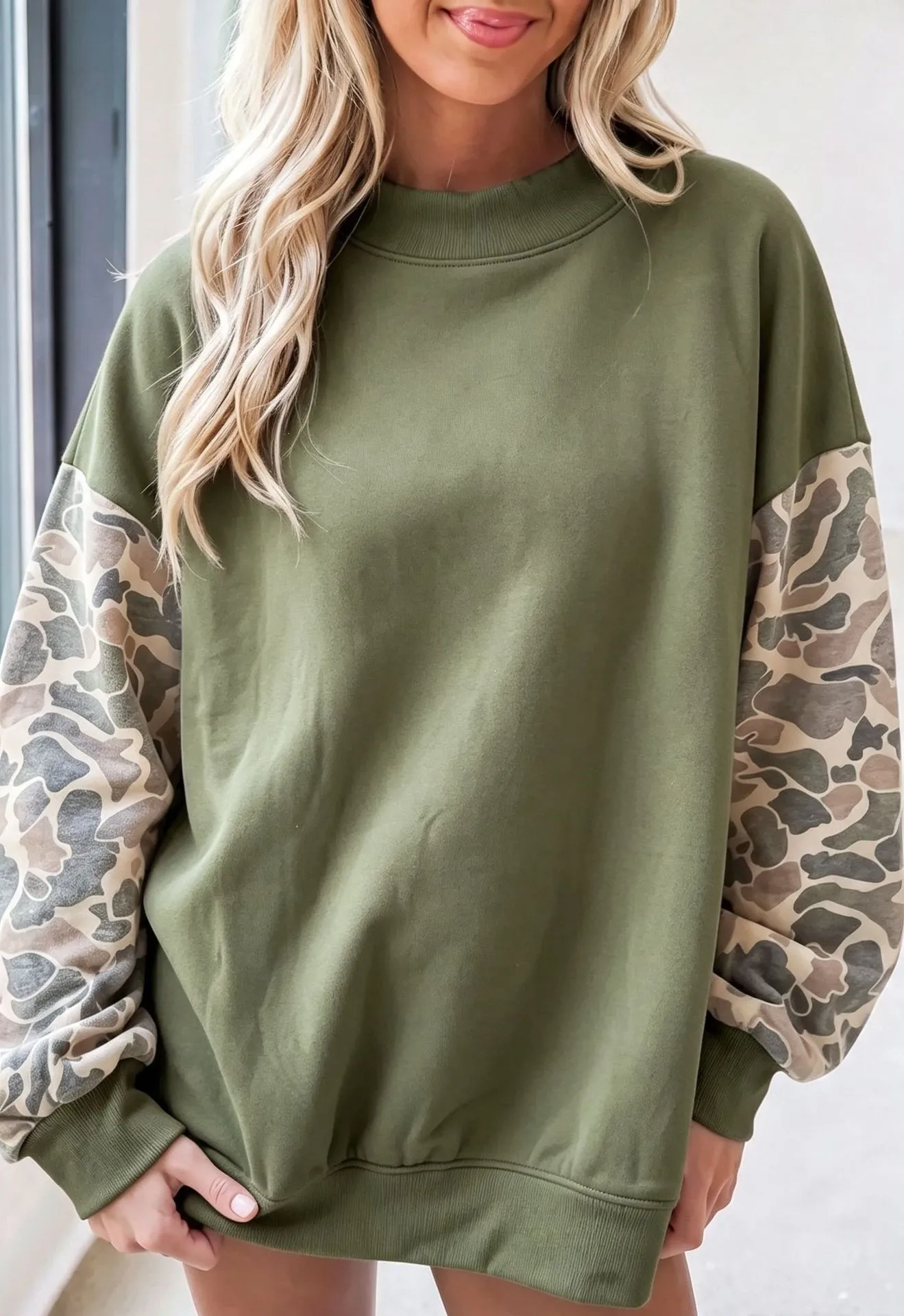 Loose Fit Pullover Hoodie Mid Length Country Style with Autumn Regular Sleeve Mock Neck Casual Digital Print Women Sweatshirt