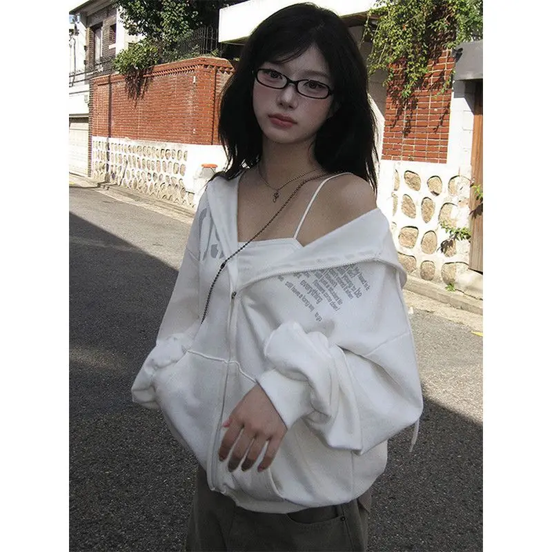 Kimotimo Hooded Coat Women Autumn Winter Letter Print Pocket Zip-up Long Sleeve Jacket Top Vintage Casual Y2k Streetwear Hoodie