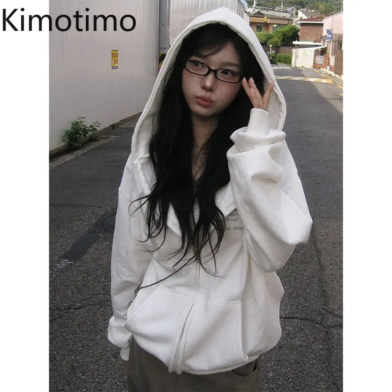 Kimotimo Hooded Coat Women Autumn Winter Letter Print Pocket Zip-up Long Sleeve Jacket Top Vintage Casual Y2k Streetwear Hoodie