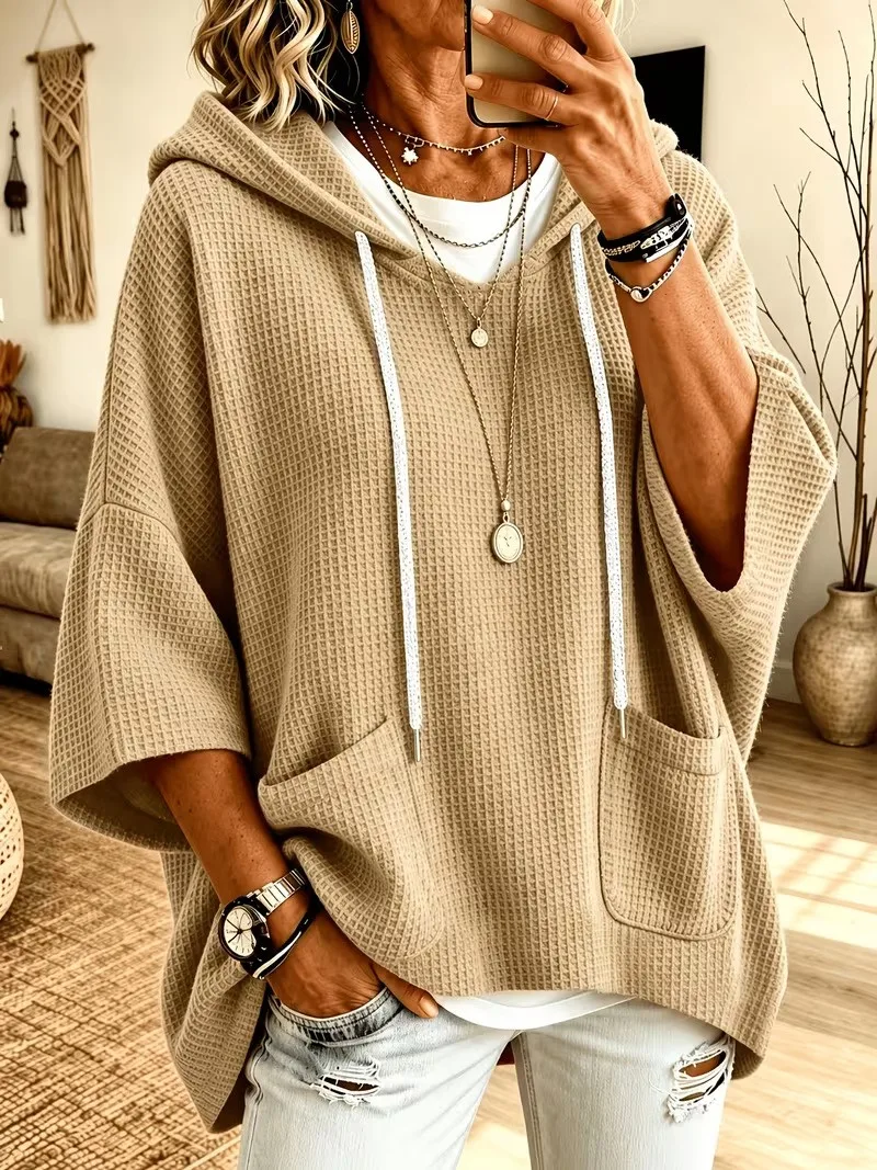Hooded Loose Fit Hoodie Elegant with Commuter Chic Pullover Regular Thickness Three Quarter Sleeve Hooded Neckline Women Hoodie